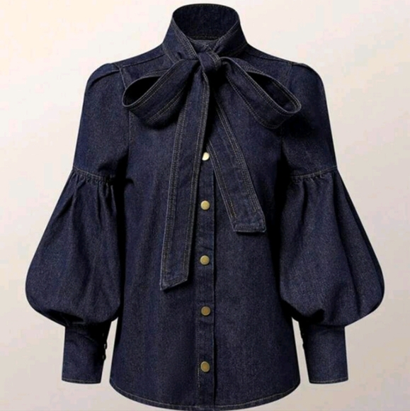 Women's Faux Denim Shirt Top Bow-Embellished High Neck Single-Breasted Lantern S - Picture 4 of 4